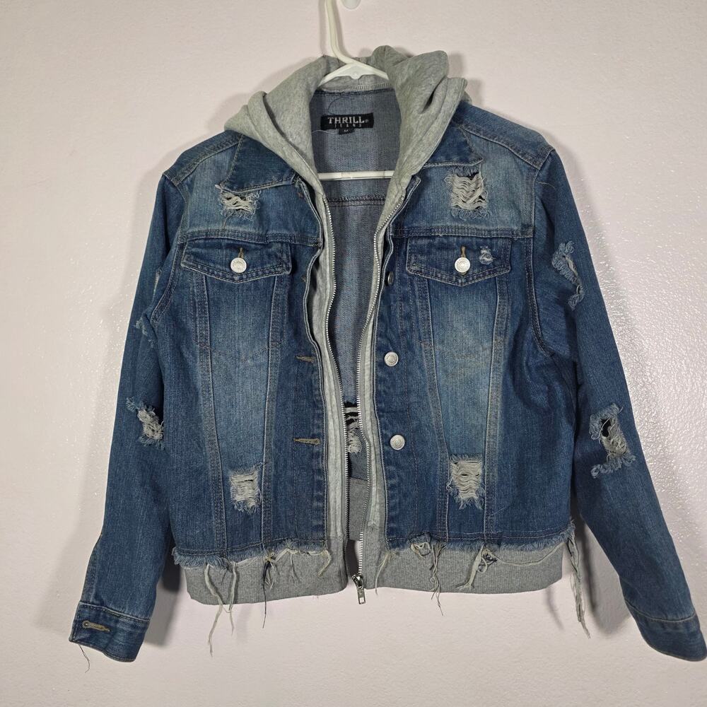 Thrill Jeans Distressed Denim Hoodie Jacket Blue Women’s Size M